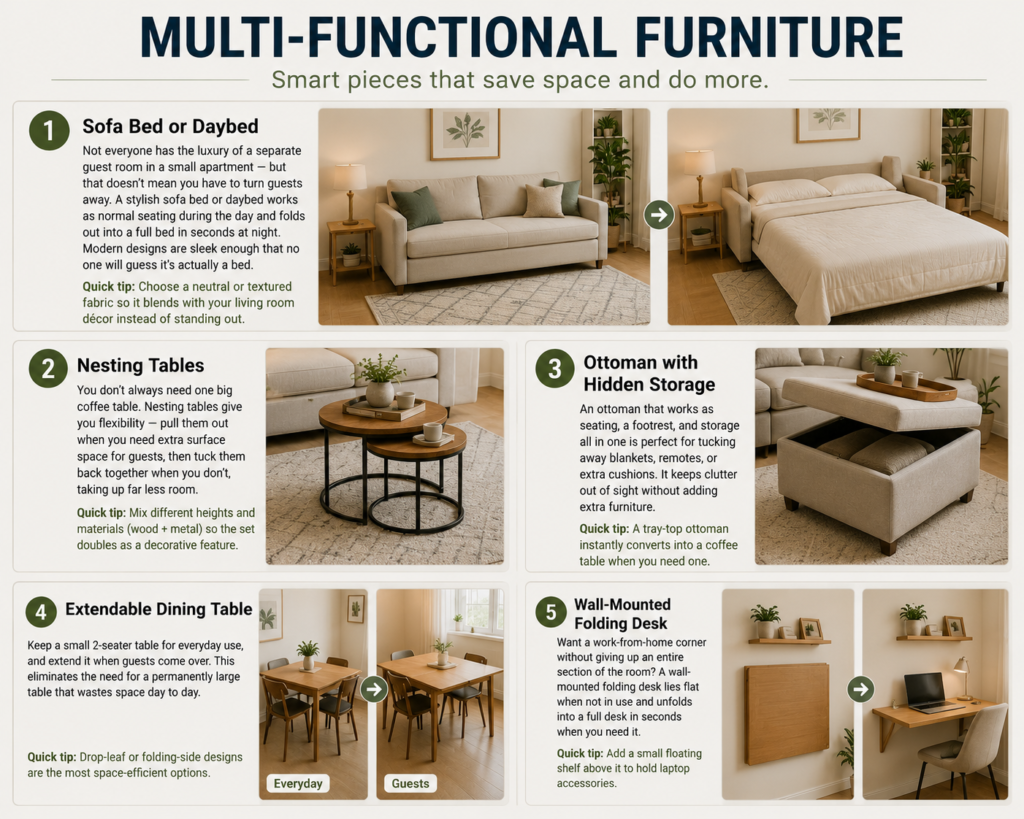 25 Small Apartment Living Room Ideas 2026: Cozy, Functional & Budget-Friendly 3 Multi-Functional Furniture