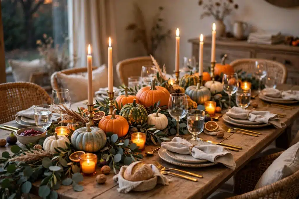 Warm Thanksgiving table set with candles, pumpkins and autumn foliage