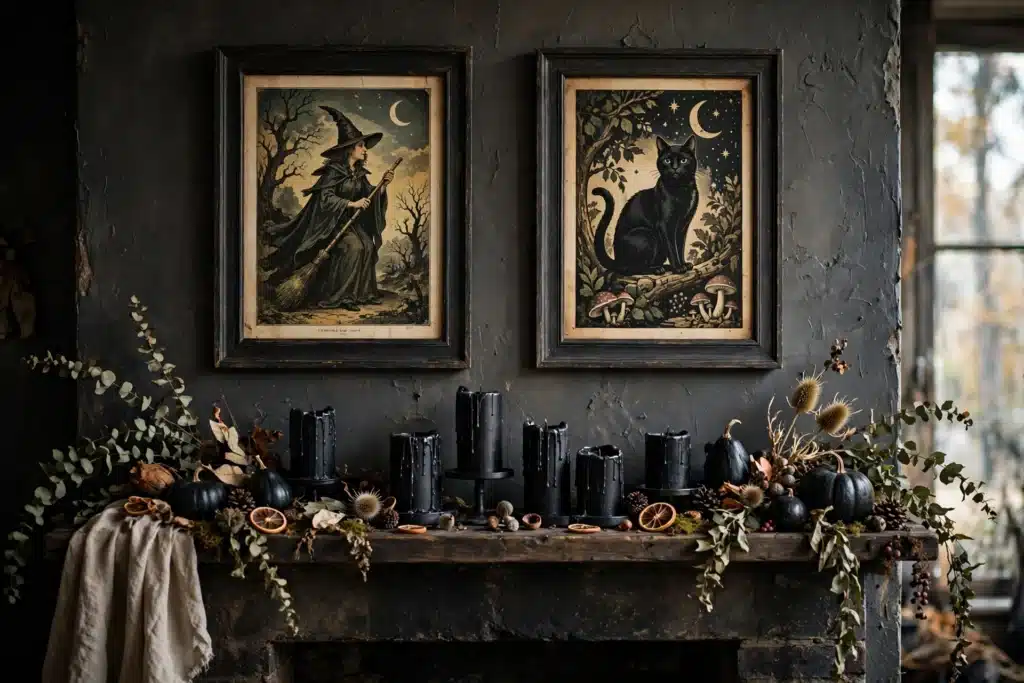 Framed vintage Halloween prints hung above a mantel decorated for the season.