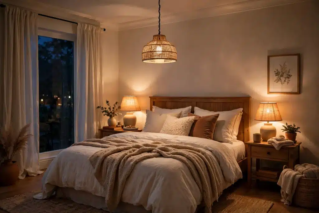 Warm bedside lamps and fairy lights glowing in a cozy bedroom