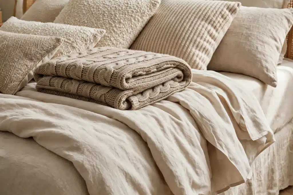 Soft flannel bedding in warm tones on a cozy bed