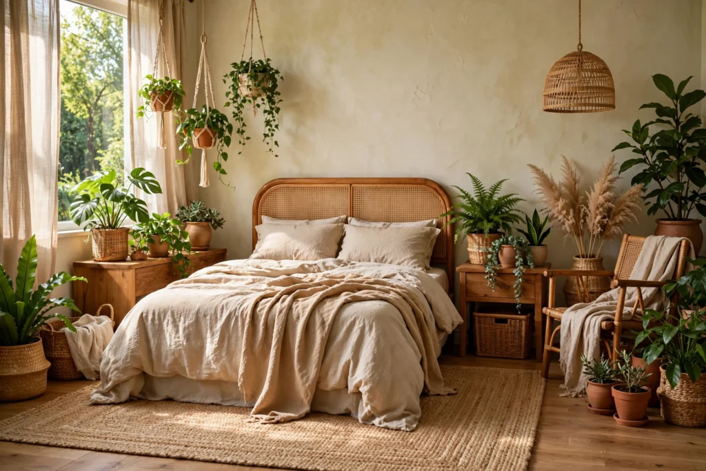 Trailing plants in hanging pots by a bedroom window with leafy potted plants below