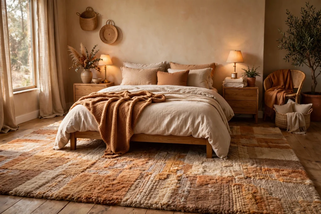 Plush cream rug layered under a cozy bedroom bed
