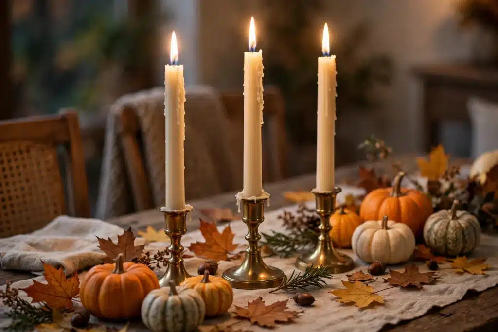 Tall taper candles in brass holders on a Thanksgiving table
