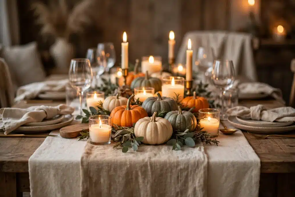 Textured linen runner layered over a neutral Thanksgiving tablecloth