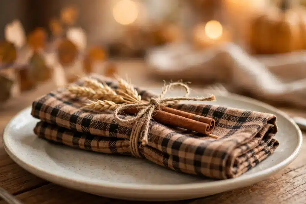 Plaid napkins folded and tied with twine on a Thanksgiving table