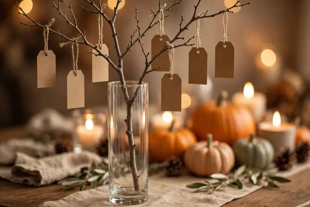 Thankful tree with paper tags for guests on a Thanksgiving table
