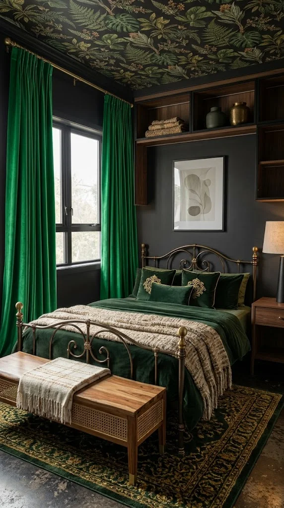 Bold Emerald Curtains Against Black Walls