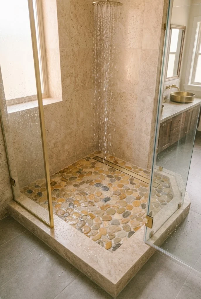 Corner Shower Ideas 10 Corner Shower with Pebble Tile Flooring