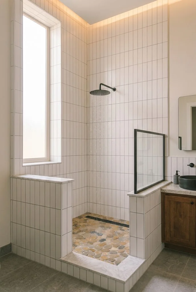 Corner Shower Ideas 13 Corner Shower with Vertical Subway Tile