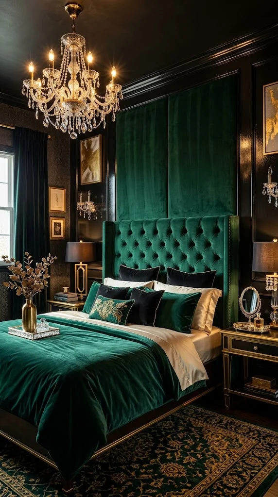 Emerald Velvet with Glossy Black Walls