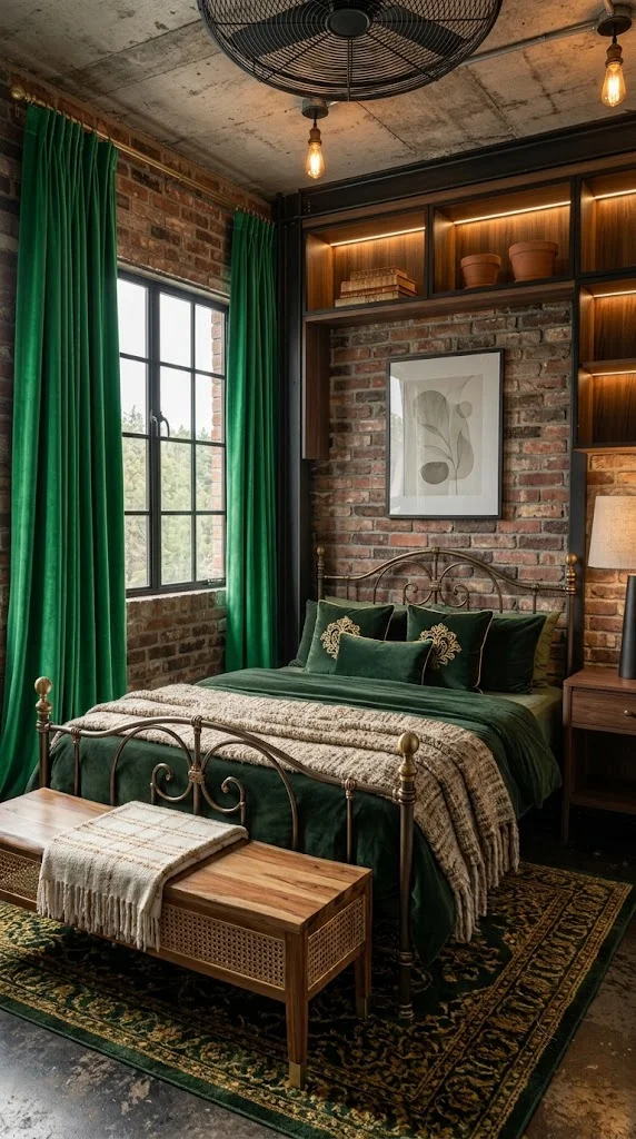Exposed Brick with Black Furniture and Green Velvet