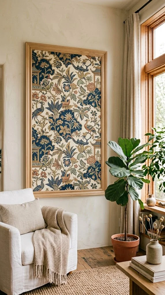 20 Beautiful Wall Decor Living Room Ideas 14 Fabric or Wallpaper Accent Panel