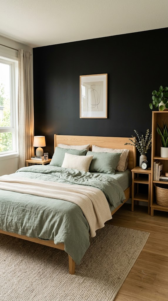 Matte Black Accent Wall with Sage Green Bedding 1