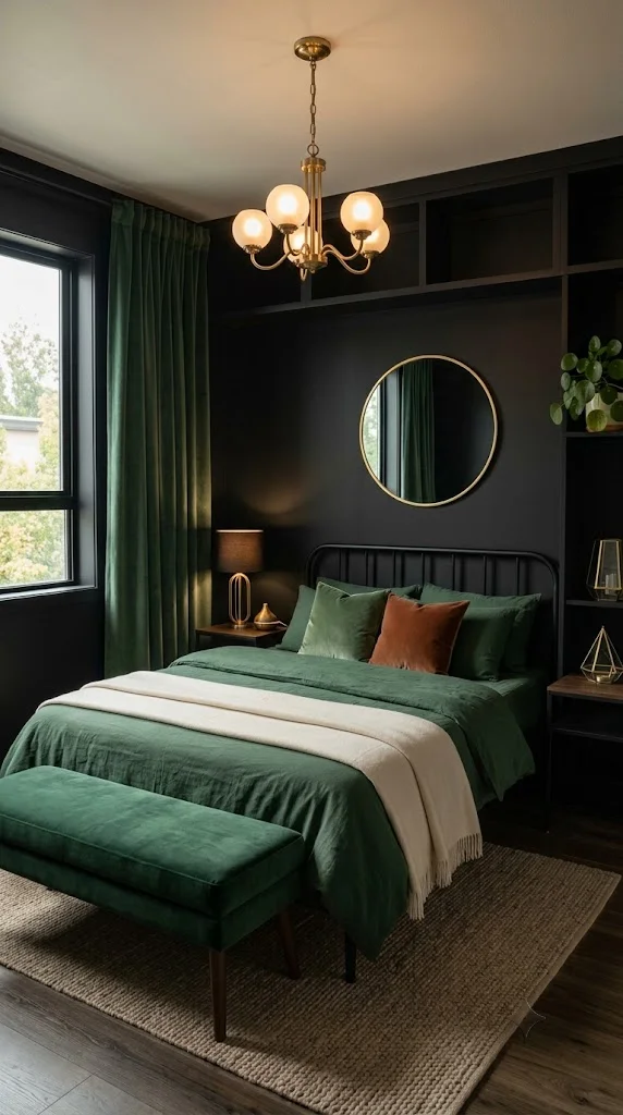 Minimalist Black Walls with Green Velvet Accents