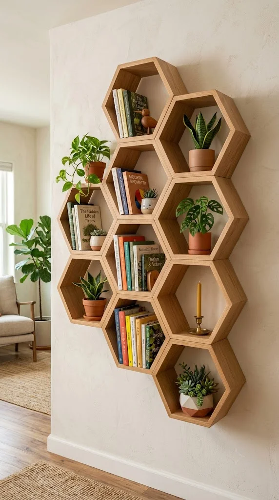 20 Beautiful Wall Decor Living Room Ideas 19 Modular Geometric Shelving