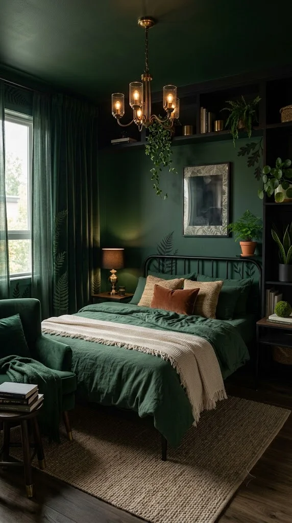 Moody Green Walls with Black Furniture