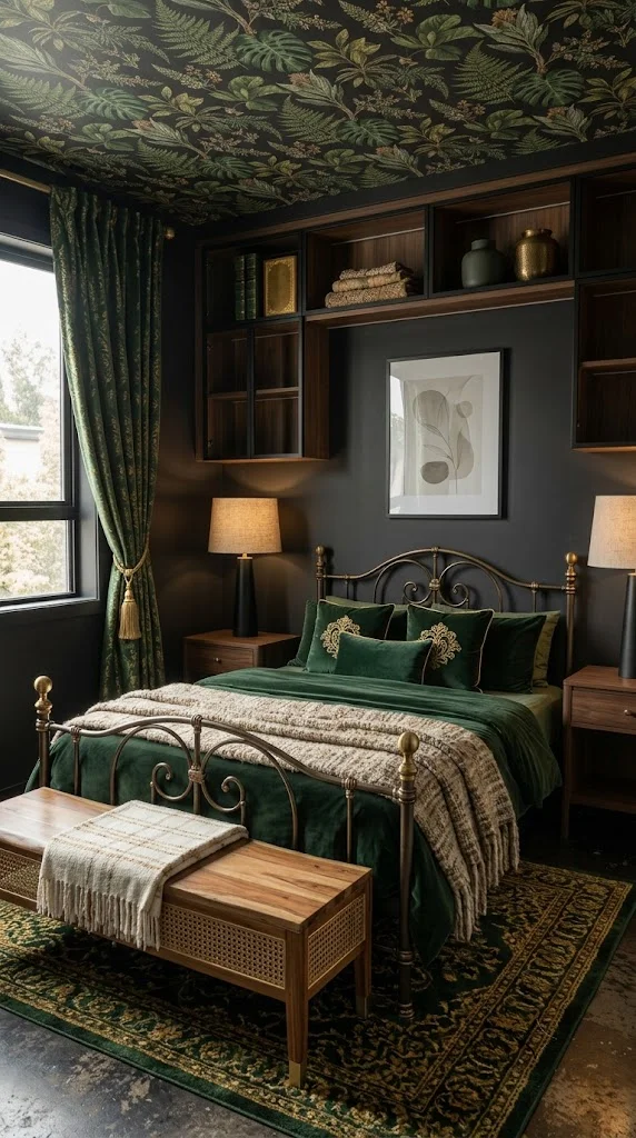 Patterned Wallpaper in Muted Green with Black Trim 1