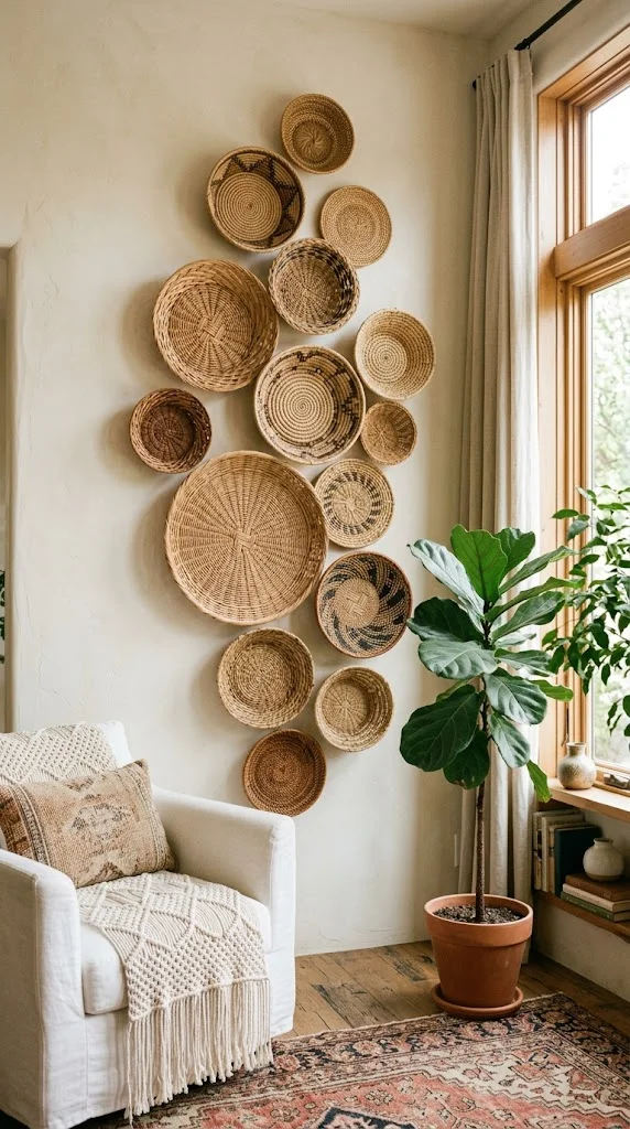 20 Beautiful Wall Decor Living Room Ideas 9 Woven Wall Basket Arrangement