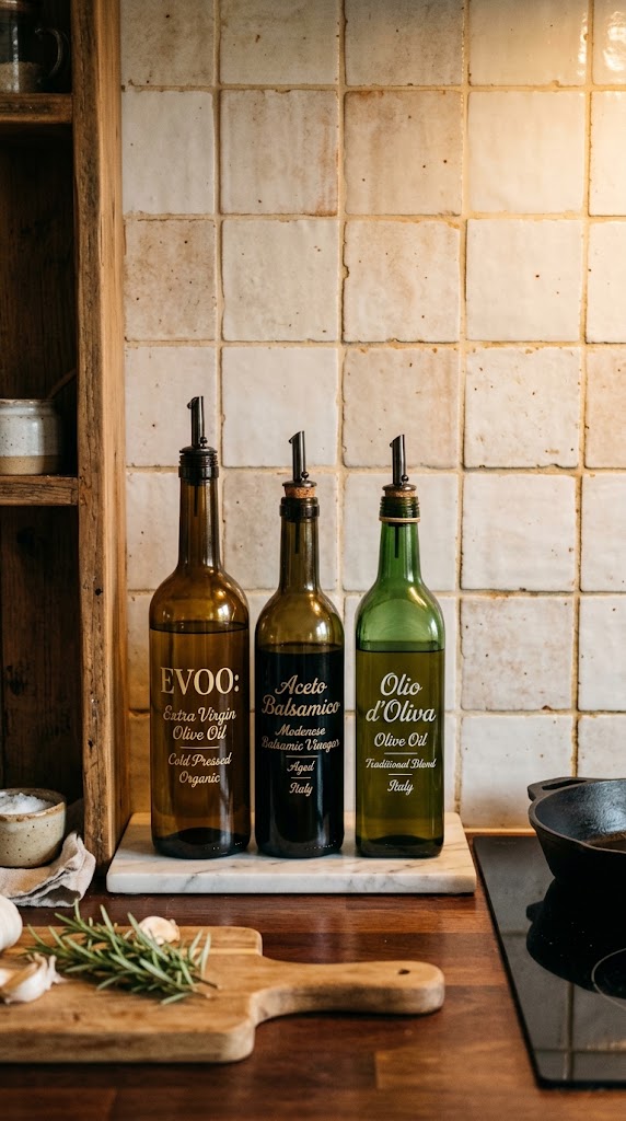 A Row of Olive Oil and Vinegar Bottles 1