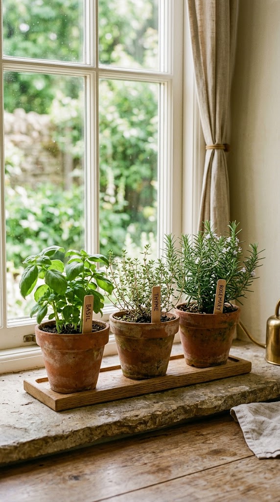 A Small Herb Garden on the Windowsill Counter