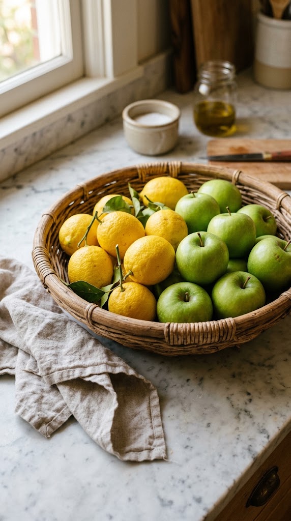 A Wooden Bowl Filled With Seasonal Fruit