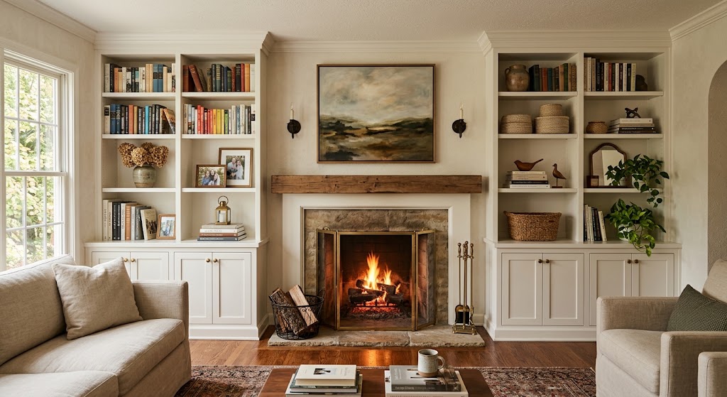 Built In Shelves Flanking a Fireplace