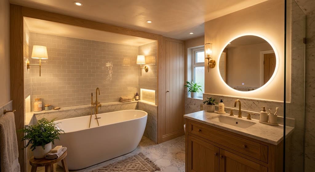 Layered Lighting Around the Tub and Vanity