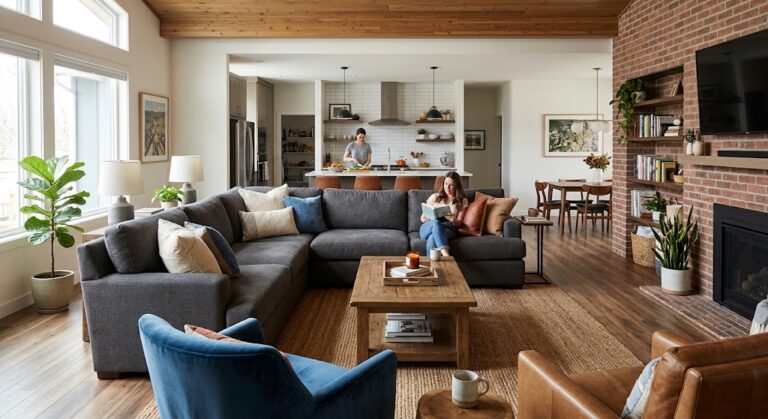 Sofa and chairs arranged for conversation in a welcoming living room