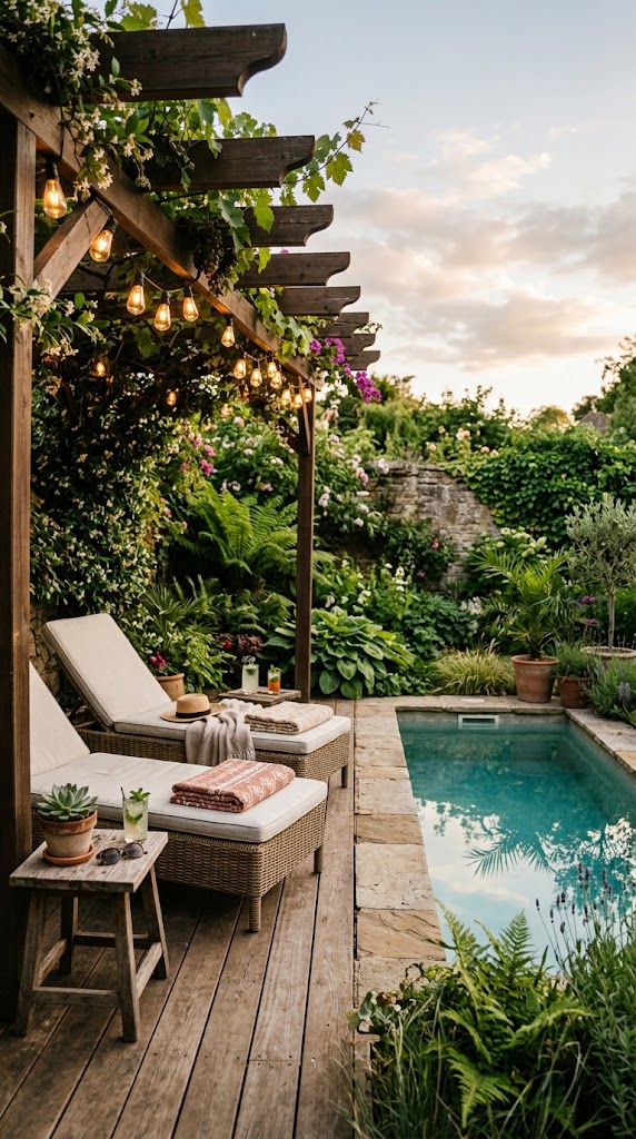 16 Tiny Pool Ideas 16 Pinterest Image Concept Vertical shot of a small rectangular pool beside a wooden pergola draped with string lights and trailing greenery two lounge chairs positioned in the dappled shade beneath