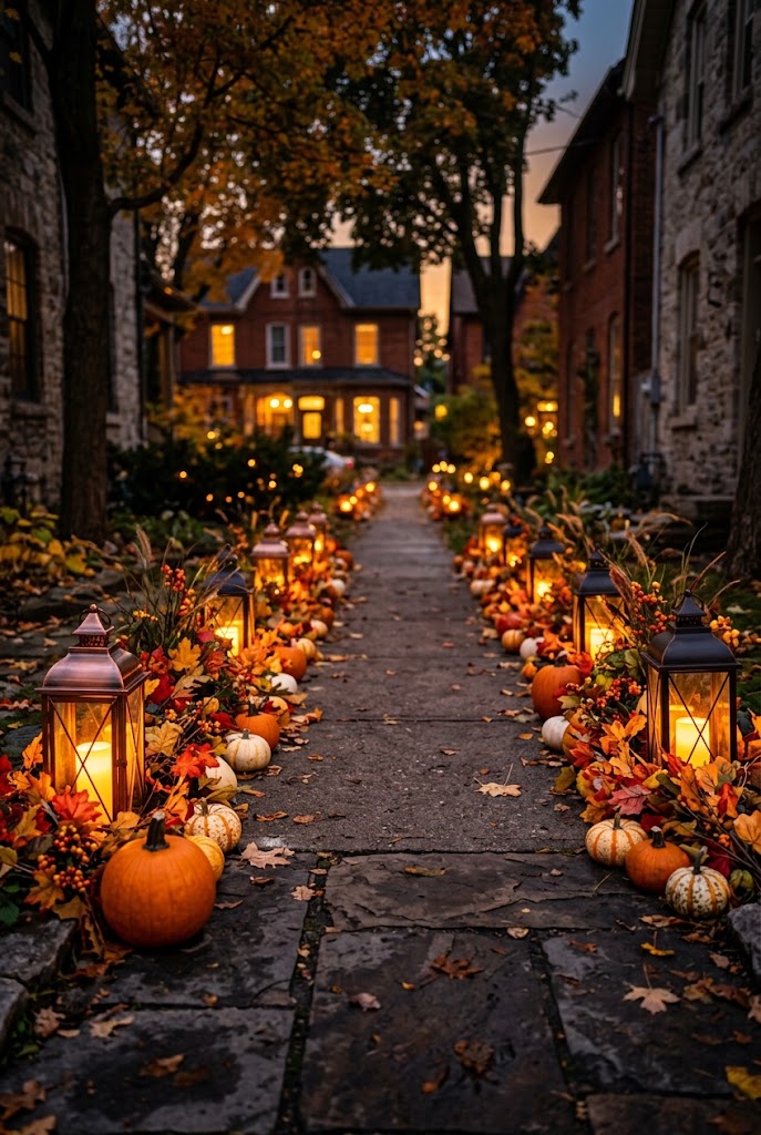 Sidewalk Halloween Decor With Lanterns