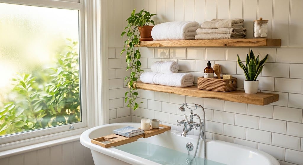 Wall Mounted Shelving Above the Tub