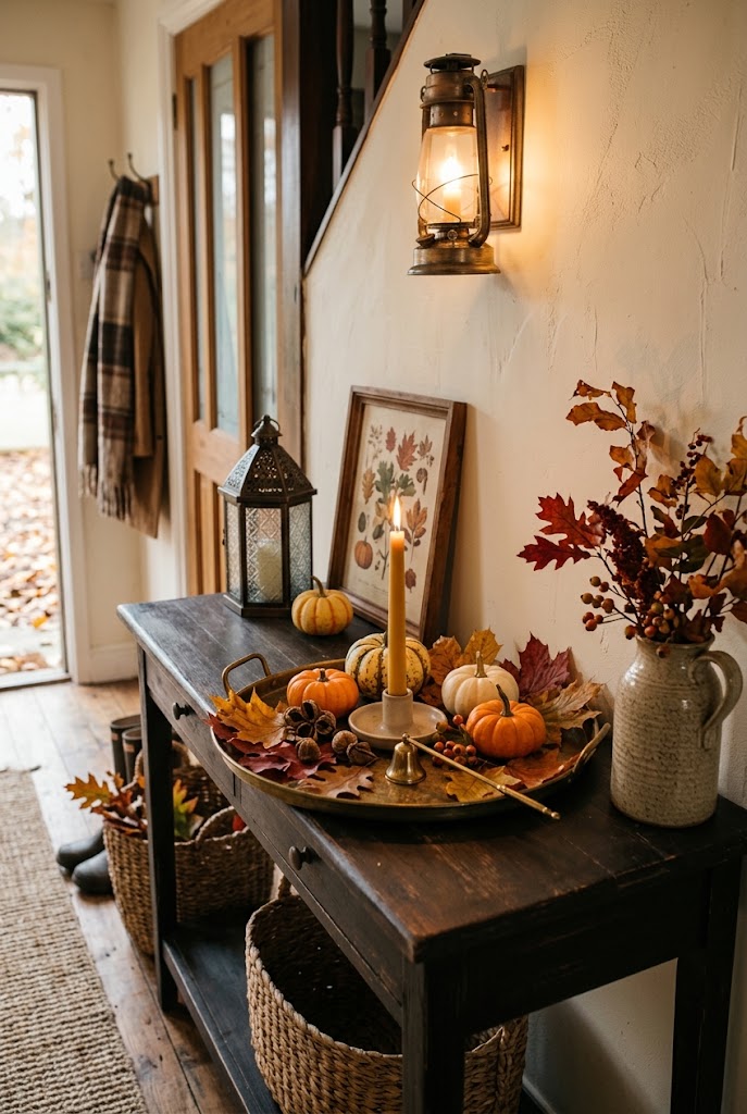 15 Easy Halloween Entryway Decor Ideas That Impress Guests Instantly 11 Autumn Leaves Gourd Console Table