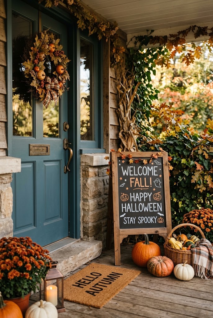 15 Easy Halloween Entryway Decor Ideas That Impress Guests Instantly 13 Chalkboard Welcome Sign