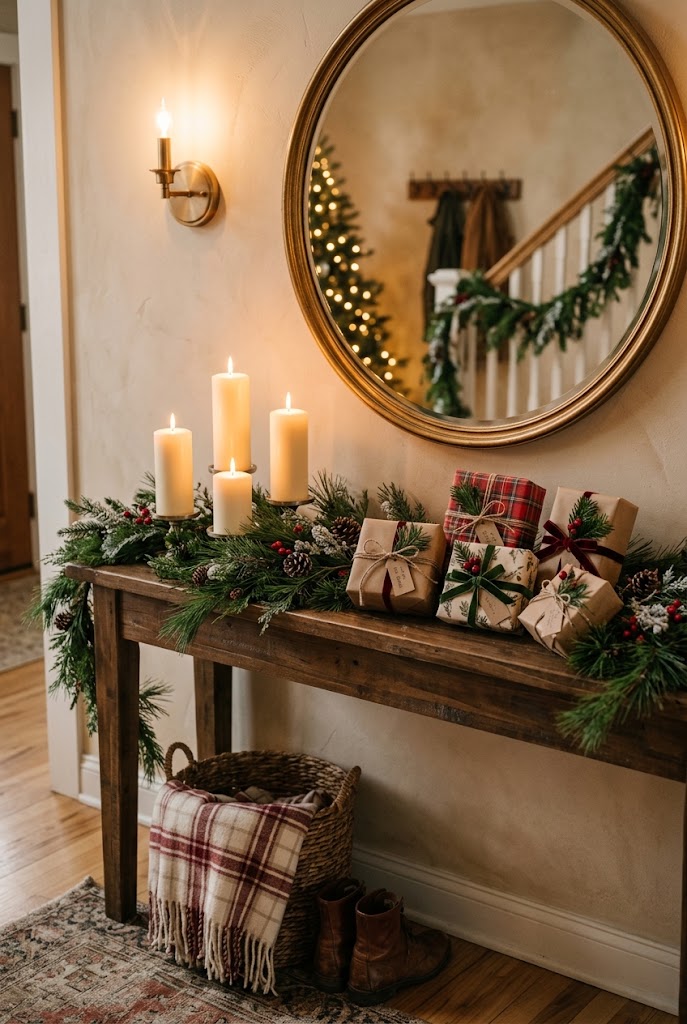 10 Christmas Decor Ideas for a Cozy, Festive Home 6 Christmas Console Table Vignette