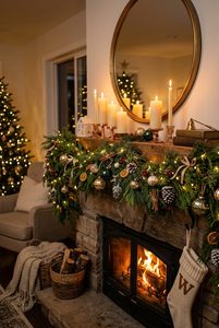 Classic knit Christmas stockings hanging by a decorated fireplace mantel