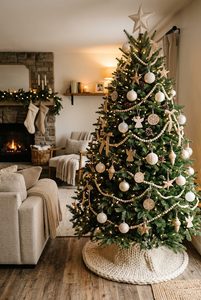 Small cozy neutral Christmas tree decorated with warm lights by a door