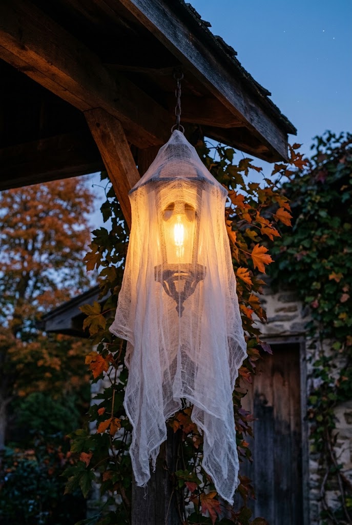 15 Easy Halloween Entryway Decor Ideas That Impress Guests Instantly 9 Floating Ghost Porch Light