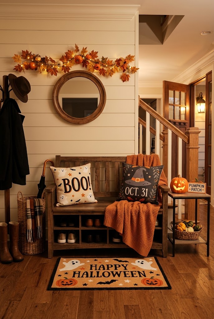 15 Easy Halloween Entryway Decor Ideas That Impress Guests Instantly 15 Halloween Rug Seasonal Pillow Bench