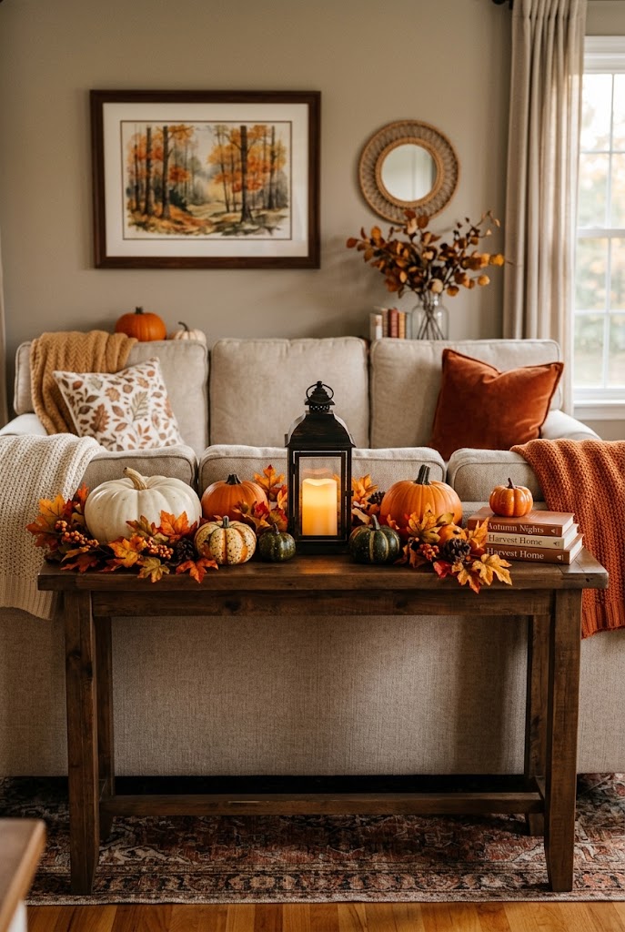 Pumpkin Centerpiece on Console Table