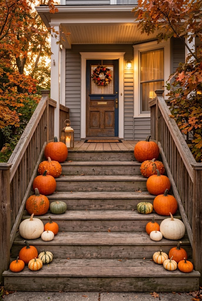 15 Easy Halloween Entryway Decor Ideas That Impress Guests Instantly 3 Pumpkin Lined Entry Steps