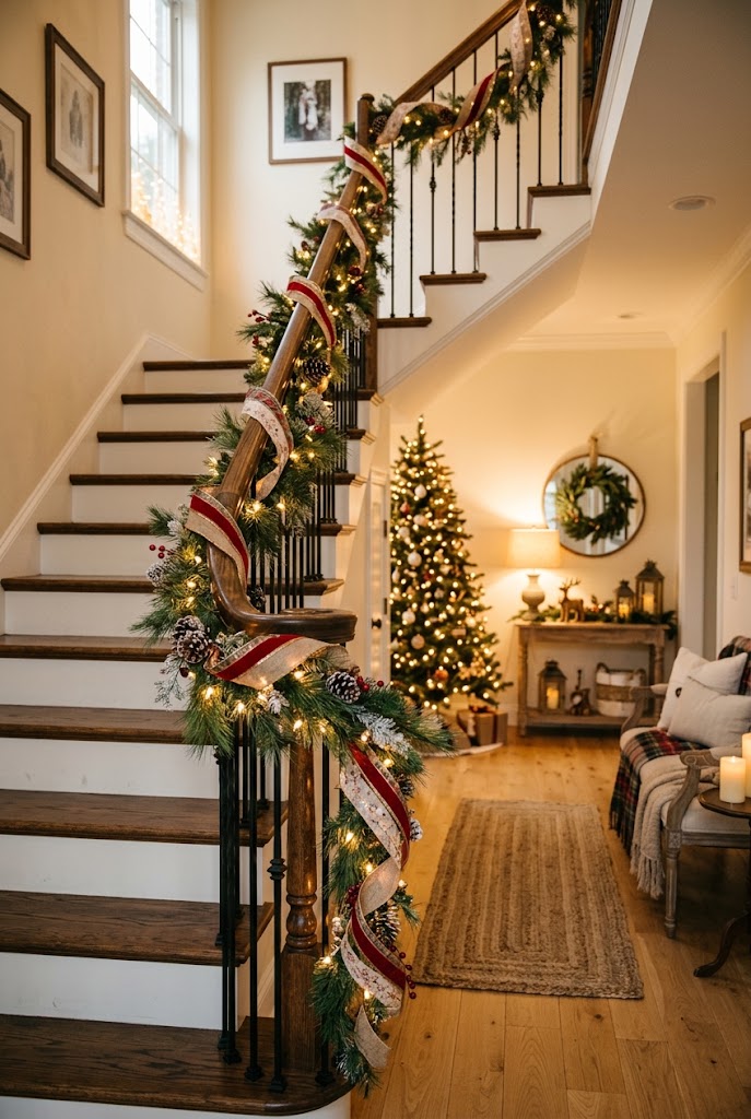 10 Christmas Decor Ideas for a Cozy, Festive Home 3 Ribbon Wrapped Staircase