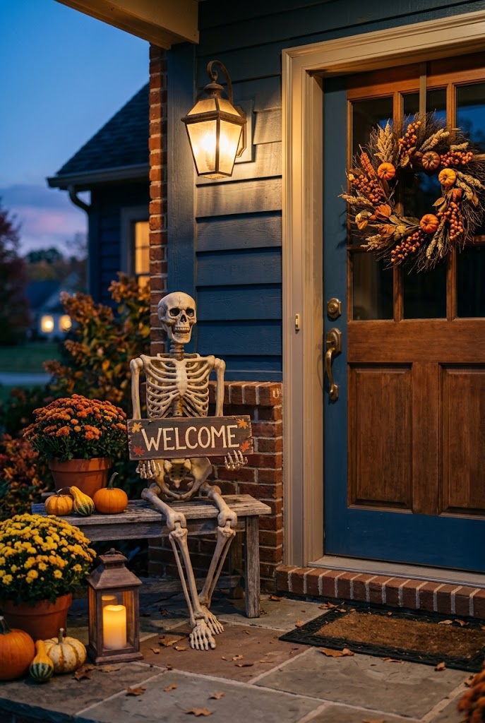 15 Easy Halloween Entryway Decor Ideas That Impress Guests Instantly 6 Skeleton Greeter at the Door