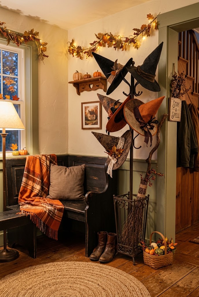 15 Easy Halloween Entryway Decor Ideas That Impress Guests Instantly 10 Witch Hat Umbrella Stand Display 1