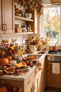Thanksgiving kitchen decorated with autumn foliage and pumpkins