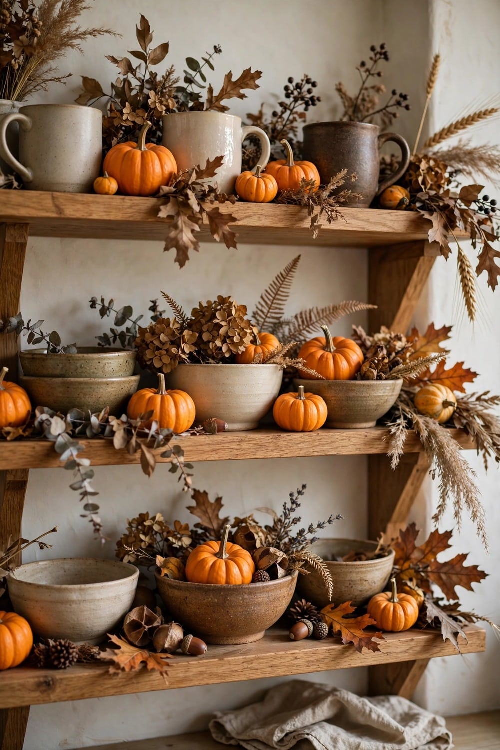 Mini pumpkins on open kitchen shelves