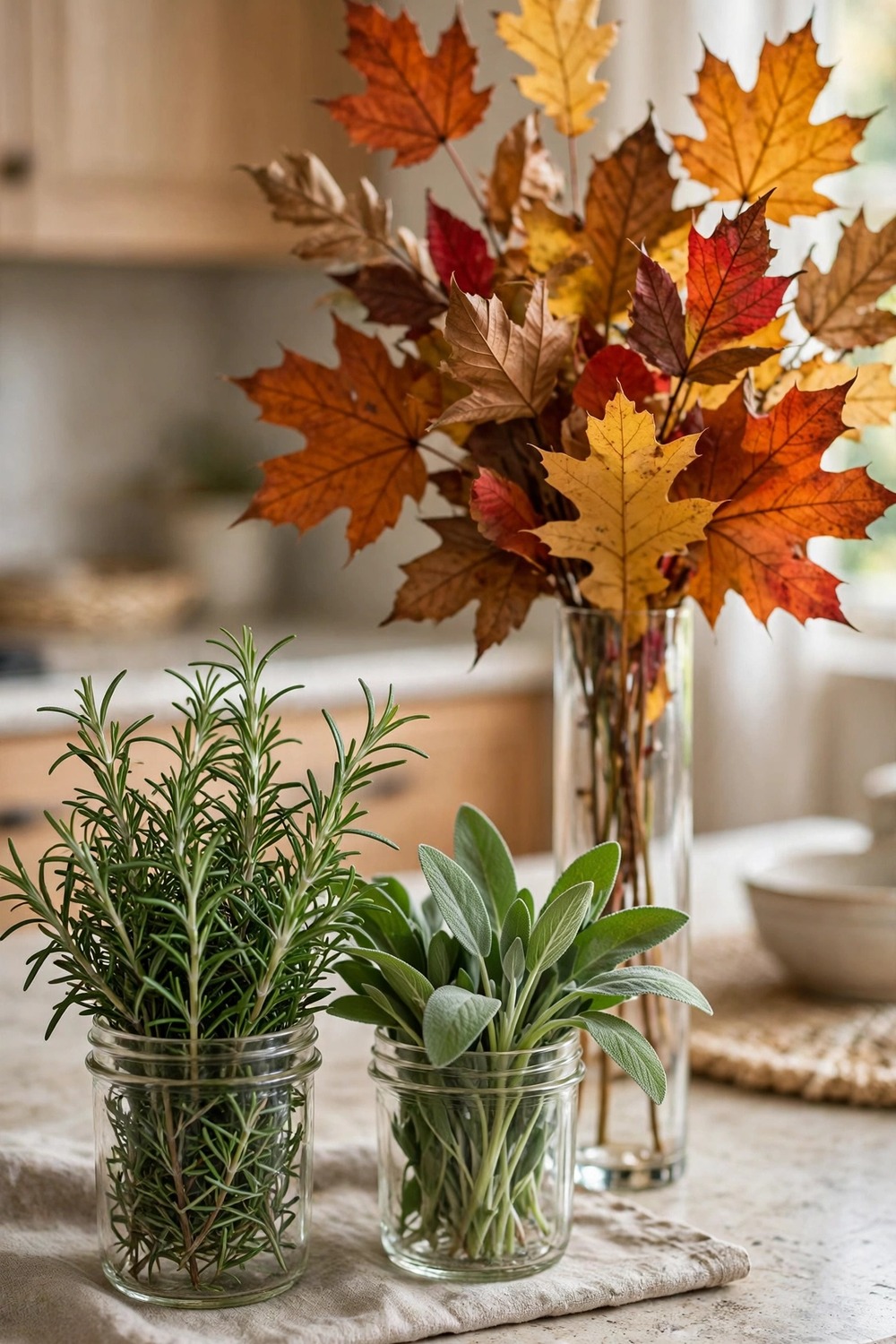 Fresh herbs and autumn foliage in simple vases