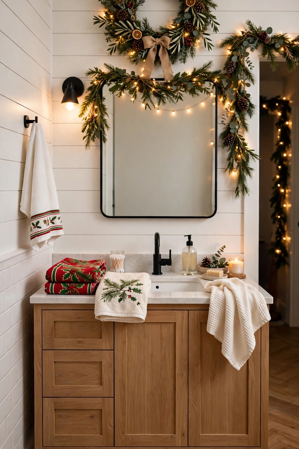 Festive Christmas bathroom with a wreath and garland above the mirror