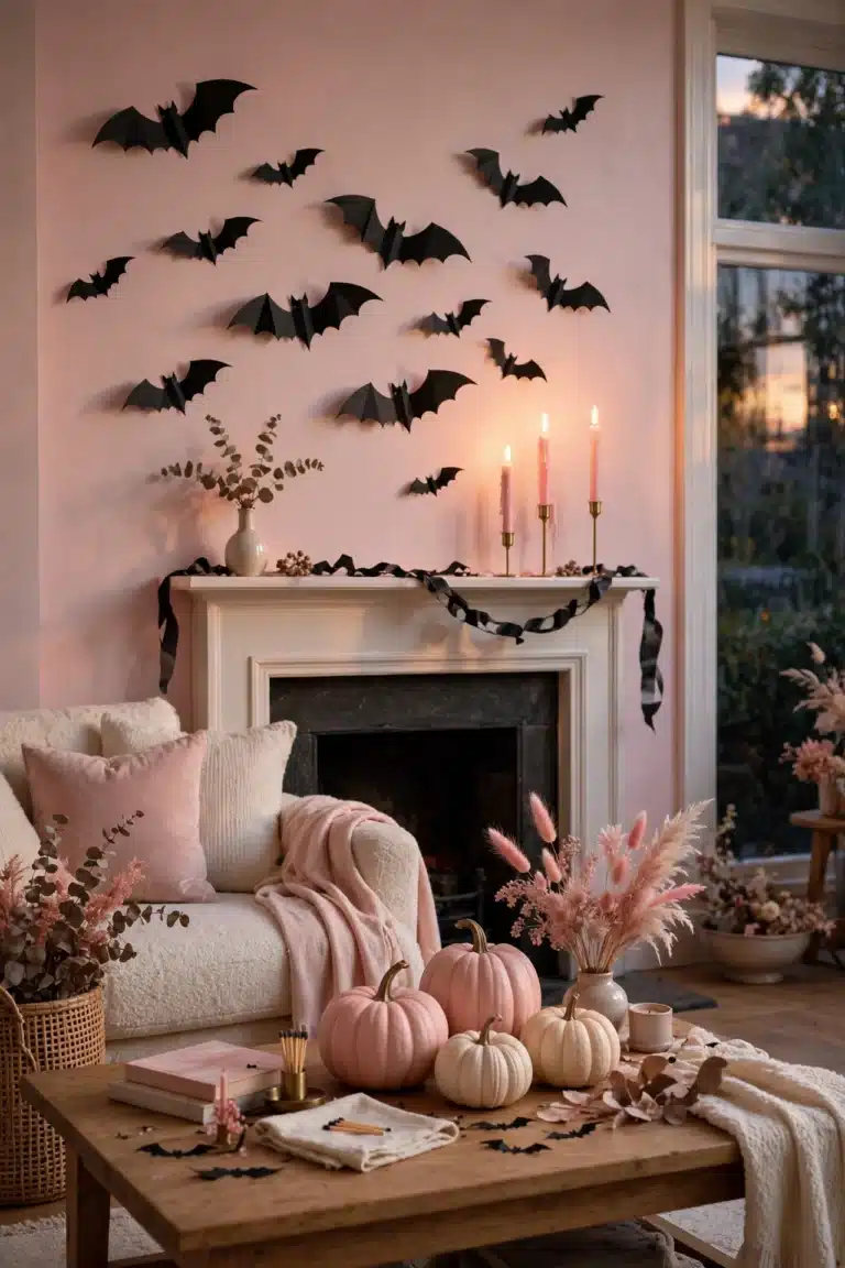 Pink Halloween living room decorated for the season