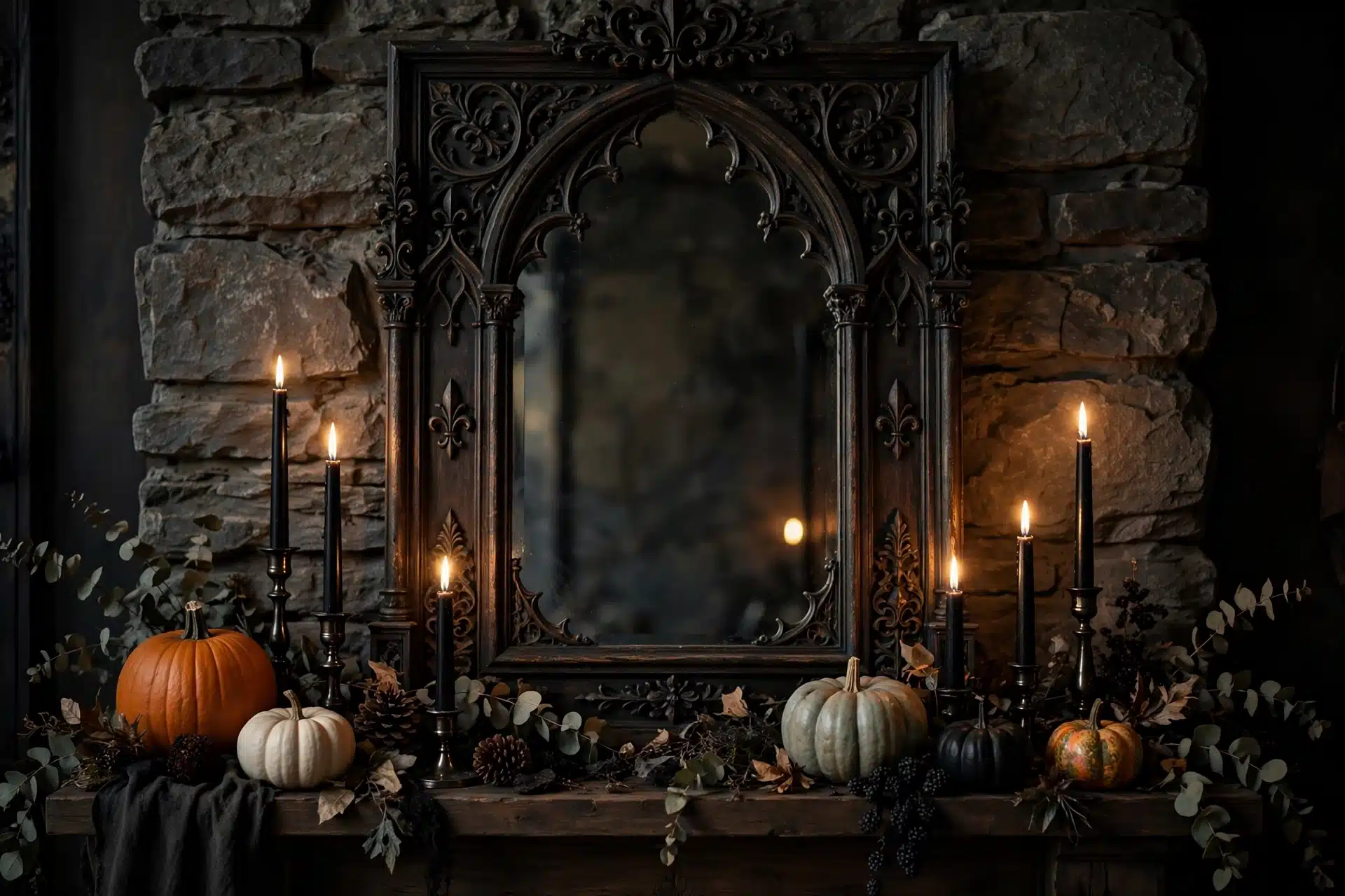 12 Halloween Mantel Decor Ideas 5 Gothic style mirror hanging above a Halloween mantel, framed in dark ornate wood.
